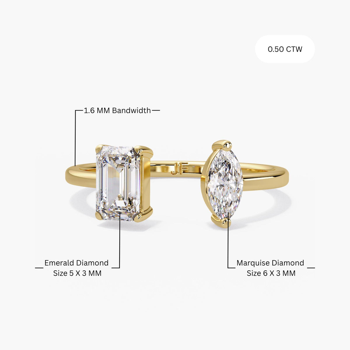 14k gold toi et moi low profile, open ring lab grown diamond, open diamond ring 14k, open ring gold diamond, lab diamond open band, lab diamond ring marquise, lab created diamond emerald ring, diamond ring two stone lab, stones on opposite end band, open gap lab grown band, cuff band ring, 14k gold cuff ring, open cut band, minimal unique ring, dainty stackable bands