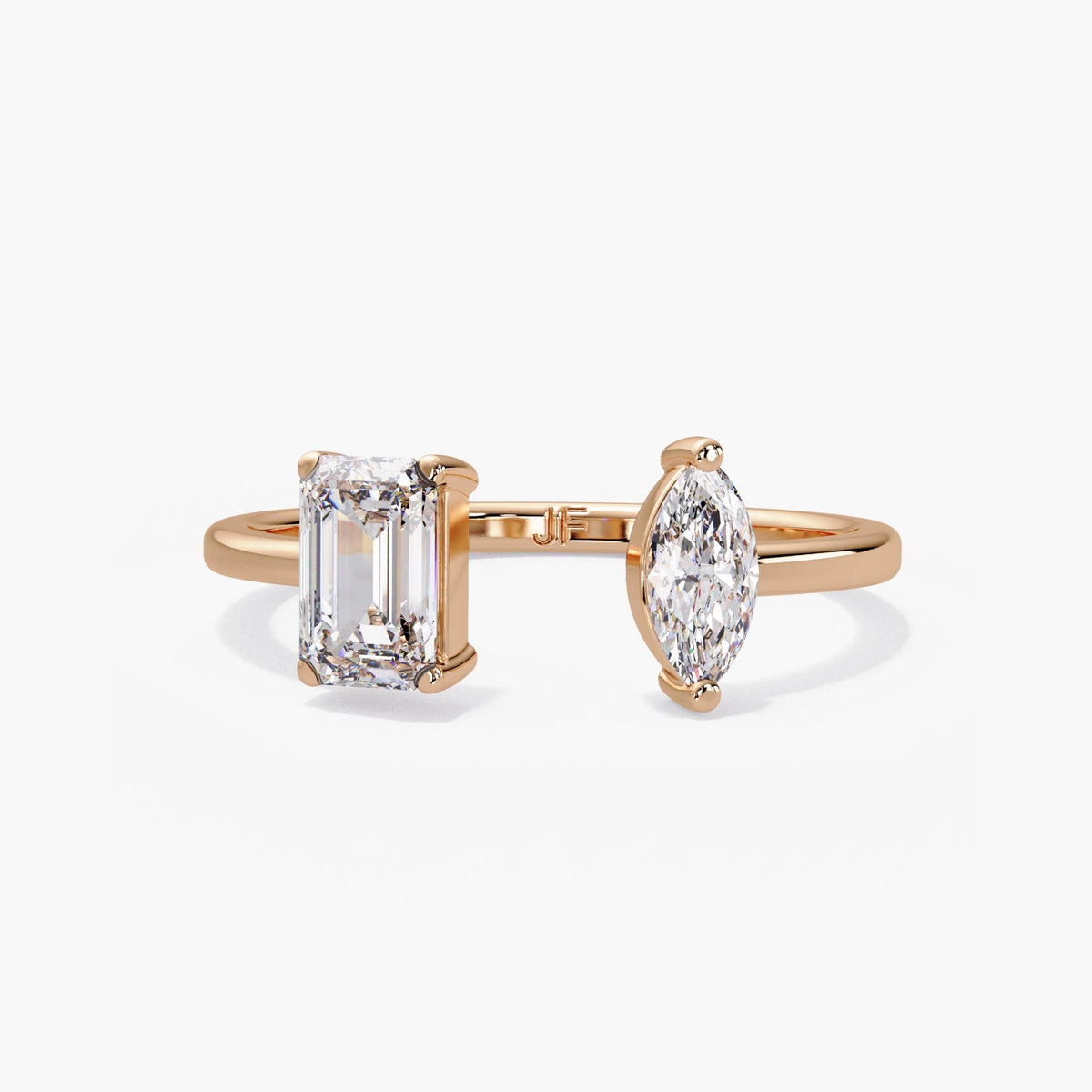 14k gold toi et moi low profile, open ring lab grown diamond, open diamond ring 14k, open ring gold diamond, lab diamond open band, lab diamond ring marquise, lab created diamond emerald ring, diamond ring two stone lab, stones on opposite end band, open gap lab grown band, cuff band ring, 14k gold cuff ring, open cut band, minimal unique ring, dainty stackable bands