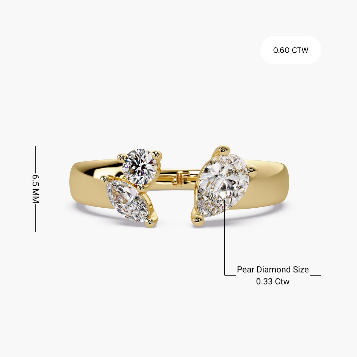 Multi shape lab grown diamond open ring in solid 14K gold featuring pear, round, and marquise stones in a sculptural wrap design.
Designed as a statement cigar band ring with a modern toi et moi feel, ideal for everyday styling or bold stacking.
A refined diamond ring for gifting, occasions, or a standout everyday piece.