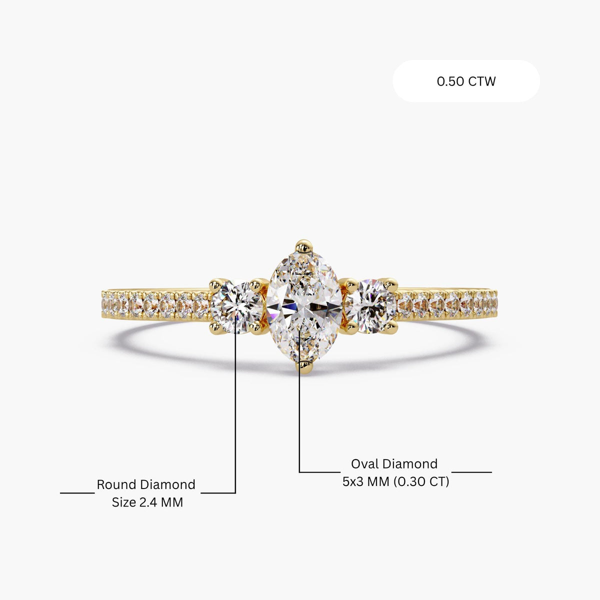 14K gold oval lab-grown diamond ring with three-stone design and pavé band.
A petite, low-profile diamond ring for promise, April birthstone, or meaningful gifting.
Clean, dainty diamond ring made for everyday wear