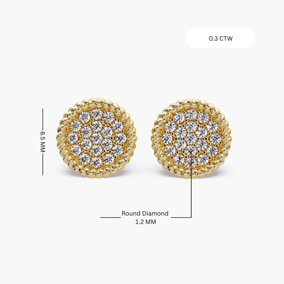 14K Gold Diamond Pave Disc Stud Earrings, 8.5mm Natural Diamond Cluster