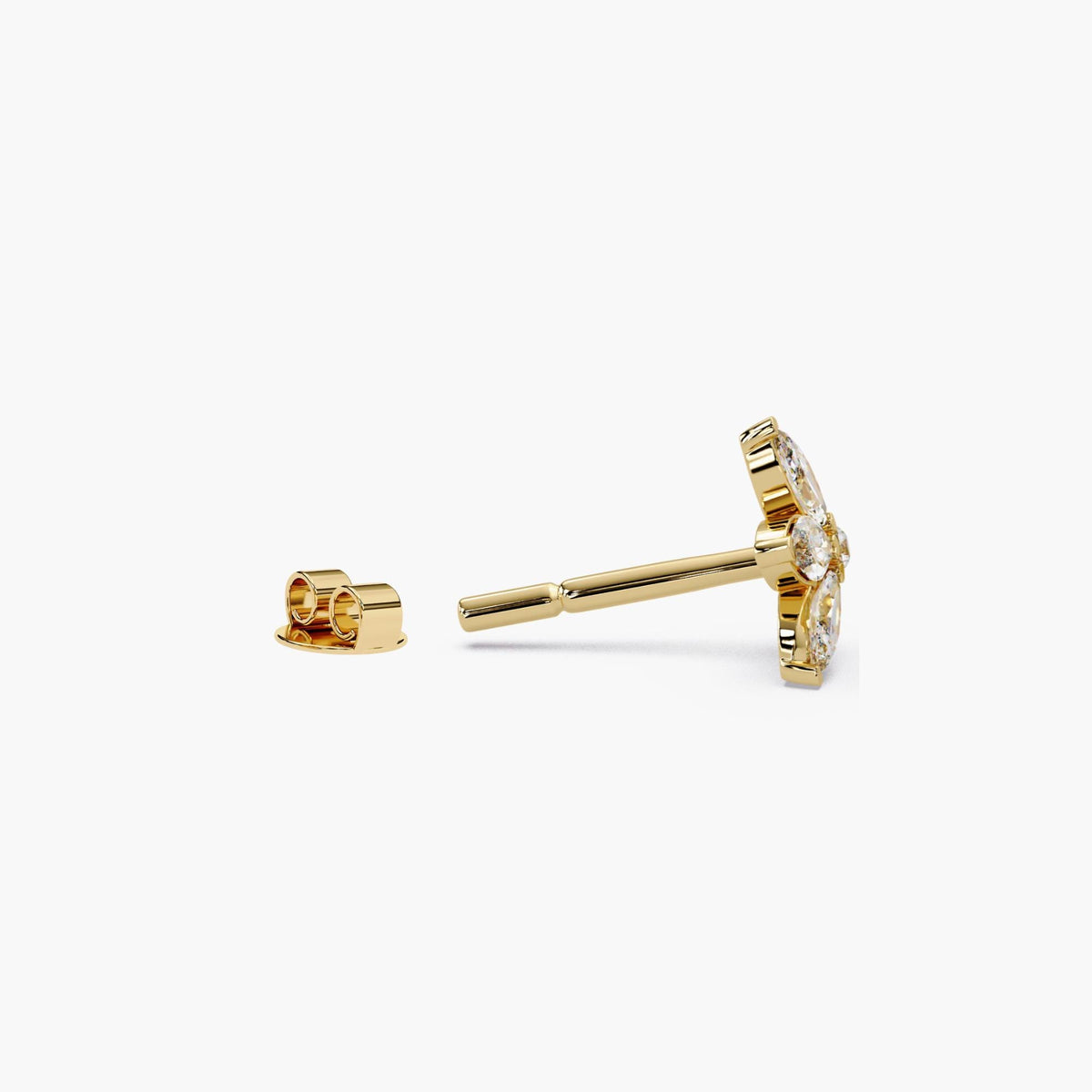 14k gold marquise diamond stud earrings side view / marquise cluster diamond studs angled view / floral diamond stud earrings gold prong setting / lab grown diamond flower studs close up / dainty gold diamond studs profile view