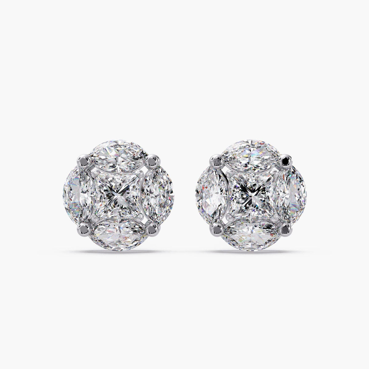 14K white gold diamond cluster studs / diamond cluster earrings large / square diamond illusion earrings / lab diamond illusion earrings / cluster lab grown diamond earrings / princess cut earrings women