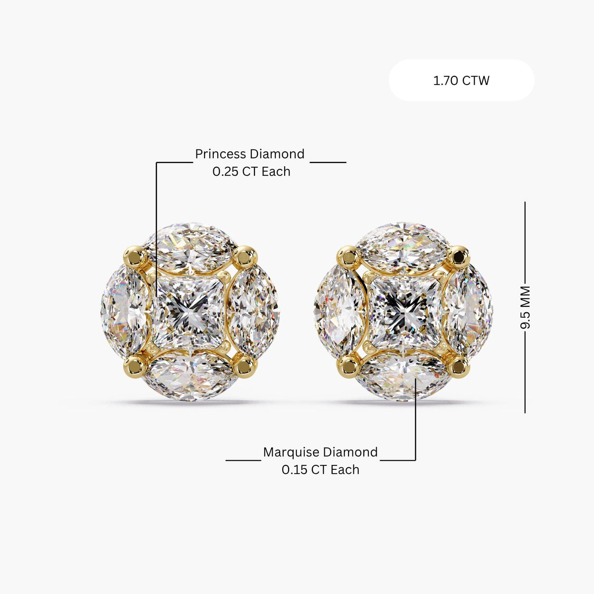 14K gold diamond cluster studs / diamond cluster earrings large / square diamond illusion earrings / lab diamond illusion earrings / cluster lab grown diamond earrings / princess cut earrings women