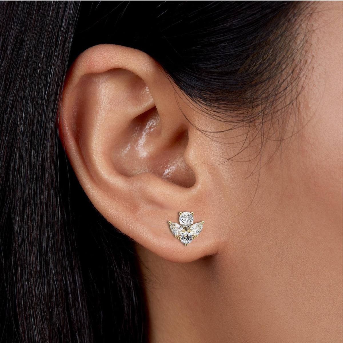 2.90 Ctw Pear Cut Lab Diamond Cluster Stud Earrings: 14K Gold Statement Floral Design