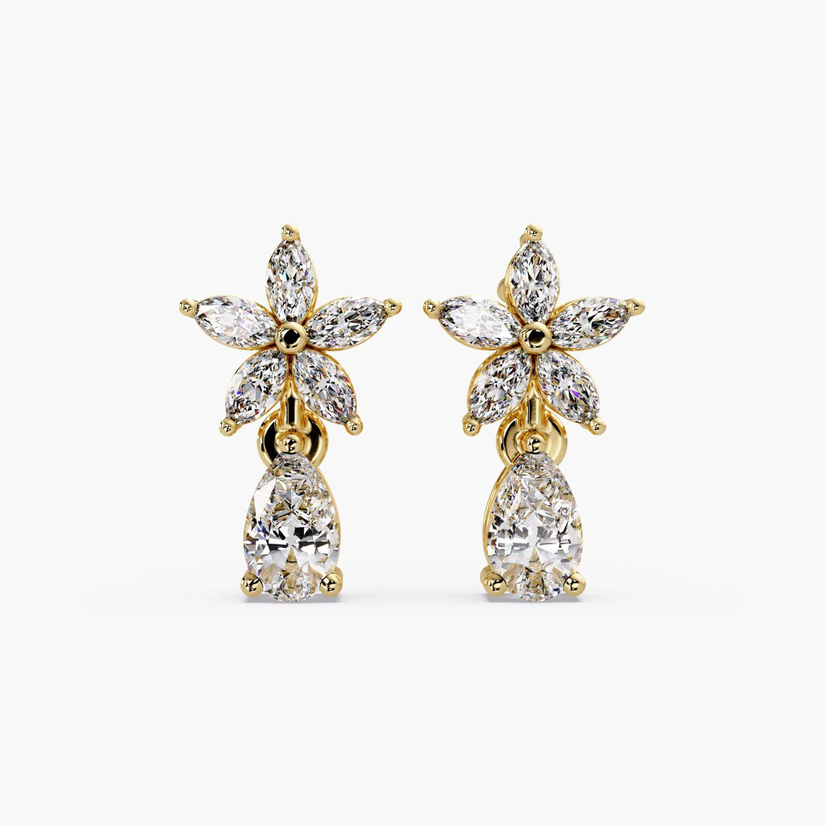 14k gold and lab diamond flower earrings / floral diamond earrings / diamond drop earrings / cluster diamond earrings / pear drop earrings / gold drop earrings / diamond flower drop earrings / floral cluster drop earrings / pear diamond drop studs