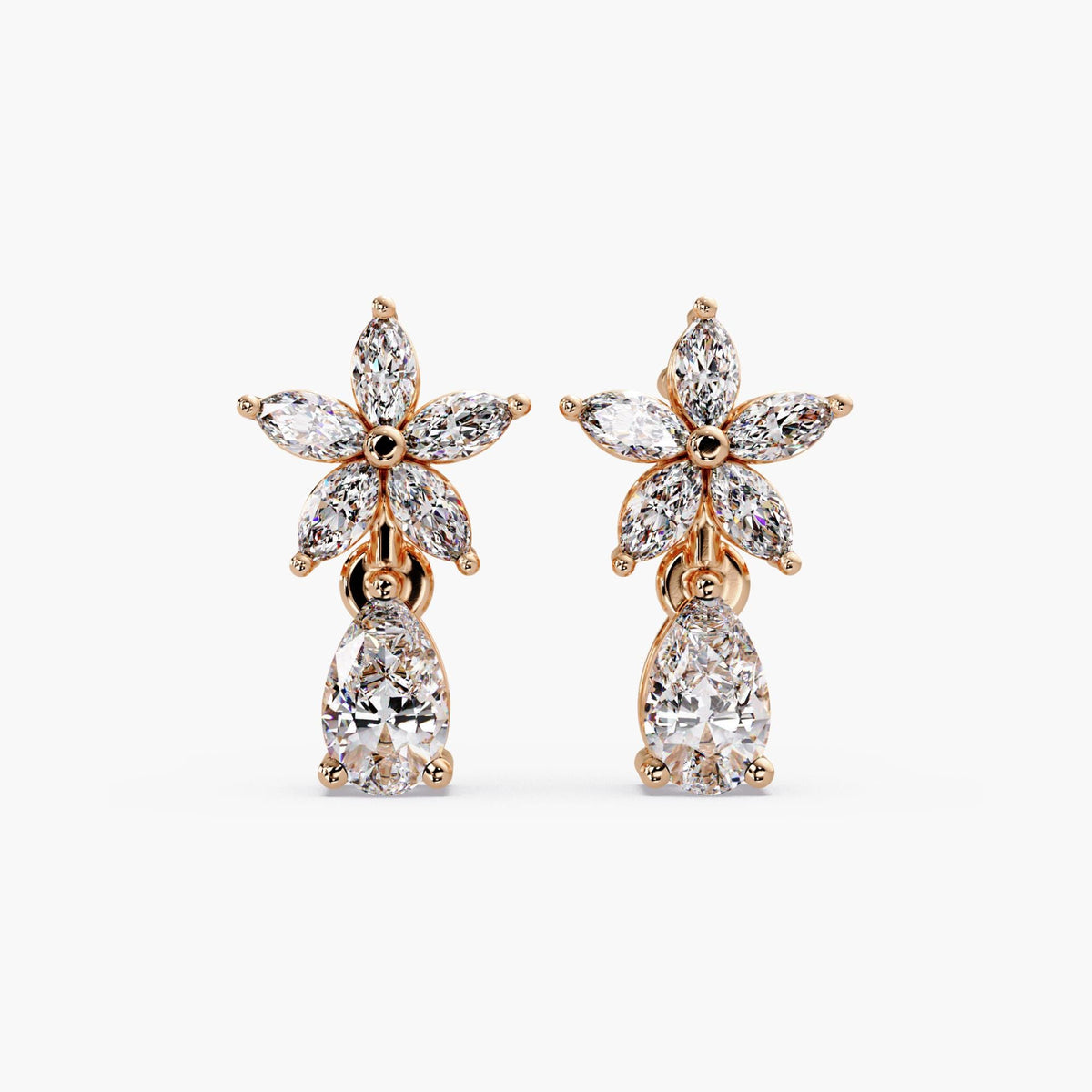 14k rose gold and lab diamond flower earrings / floral diamond earrings / diamond drop earrings / cluster diamond earrings / pear drop earrings / gold drop earrings / diamond flower drop earrings / floral cluster drop earrings / pear diamond drop studs