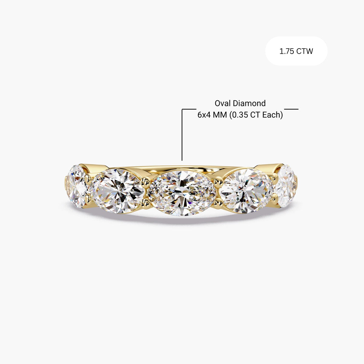 A showstopping east-west oval band, this 5-stone lab grown diamond ring features five 0.35 ct oval diamonds, creating an approximate 4mm diamond band across the finger.
This lab grown diamond anniversary band stacks effortlessly and makes a beautiful anniversary gift.