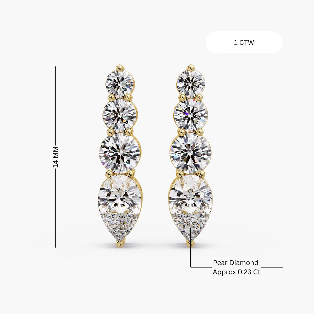 1 CT Pear and Round Lab Diamond Bar Stud Earrings, 14K Gold