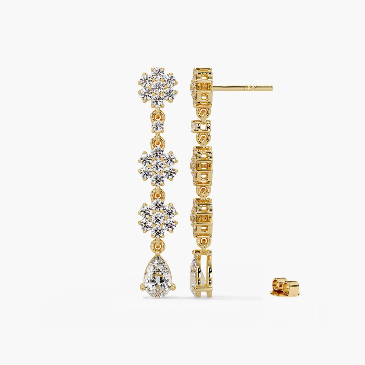 14k Gold Flower Stud / Teardrop Lab Diamonds 2.6 Ct / 2.5 Diamond Dangle / Diamond Dangle Charms /  Drop Earring Gold Diamond Cluster /  Long Diamond Earring in 14K Gold / Womans Diamond Earrings / Bridesmaid Dangly Earrings / Drop Stud Earrings Wedding