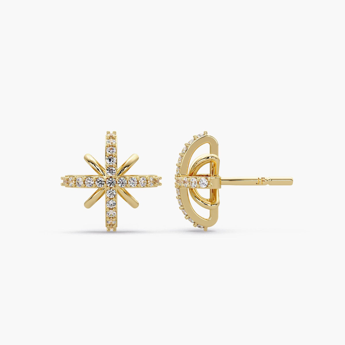 14K gold natural diamond starburst stud earrings with pave diamonds, celestial north star design