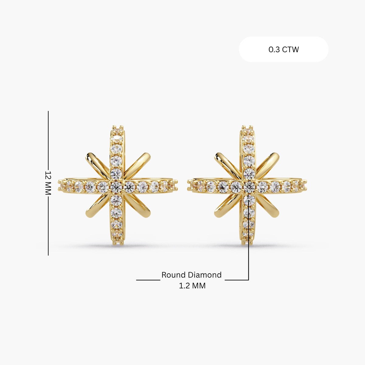 14K gold natural diamond starburst stud earrings with pave diamonds, celestial north star design