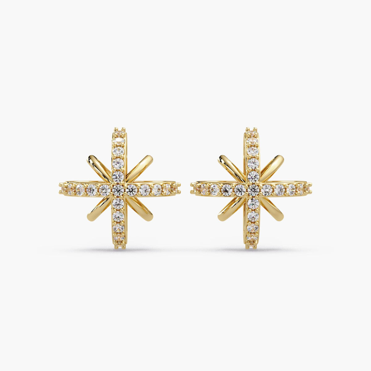 14K gold natural diamond starburst stud earrings with pave diamonds, celestial north star design