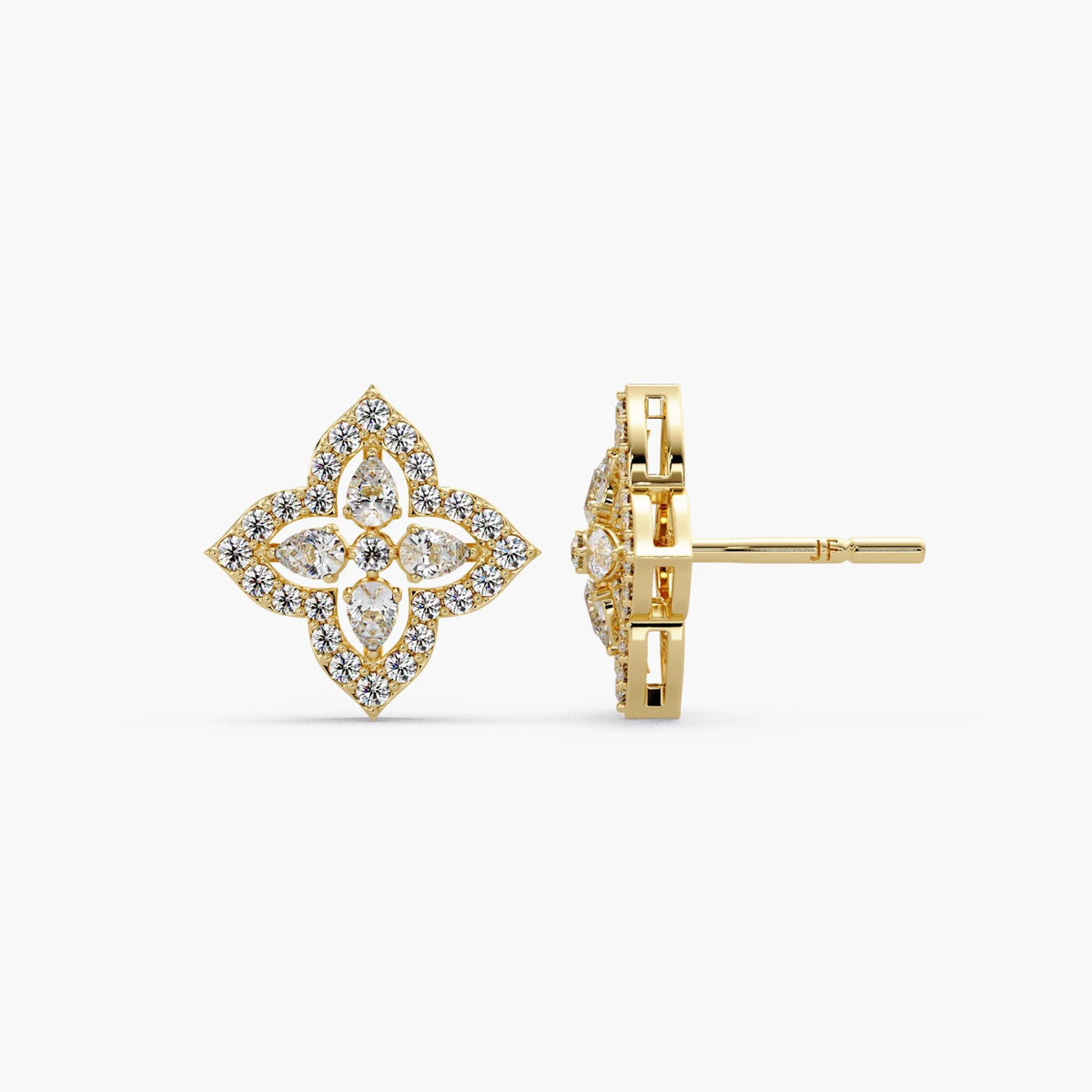 Lab grown diamond floral stud earrings in 14K gold, pear and round diamond cluster earrings