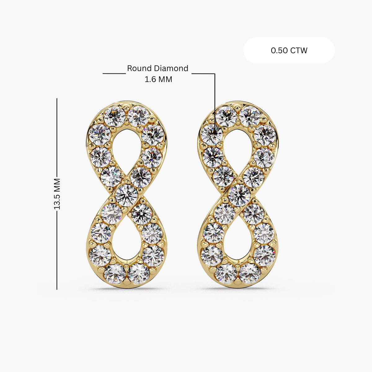 0.50CTW Lab Diamond Infinity Stud Earrings, 14K Gold Pave Love Earrings