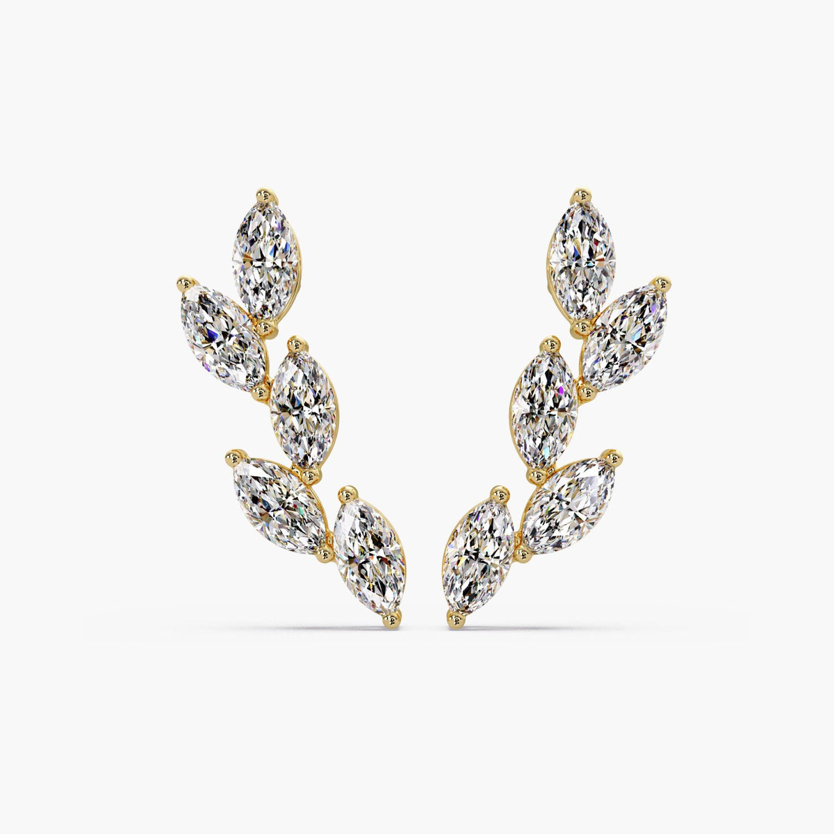 14K yellow gold lab diamond marquise stud earrings with leaf vine design, minimalist botanical diamond earrings