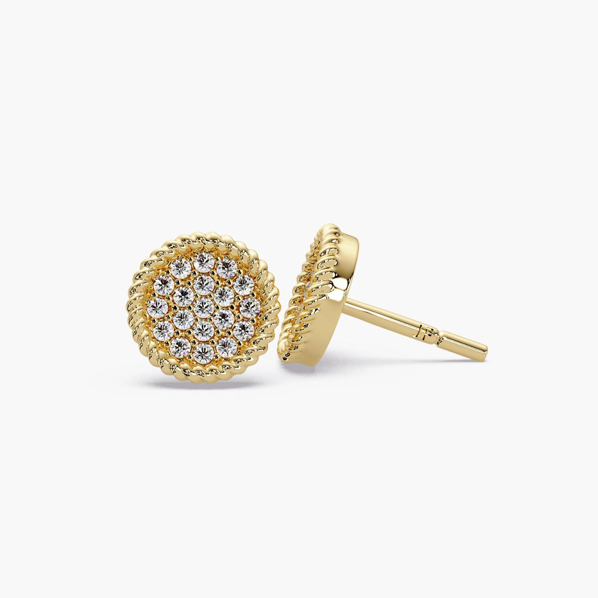 14K Gold Diamond Pave Disc Stud Earrings, 8.5mm Natural Diamond Cluster