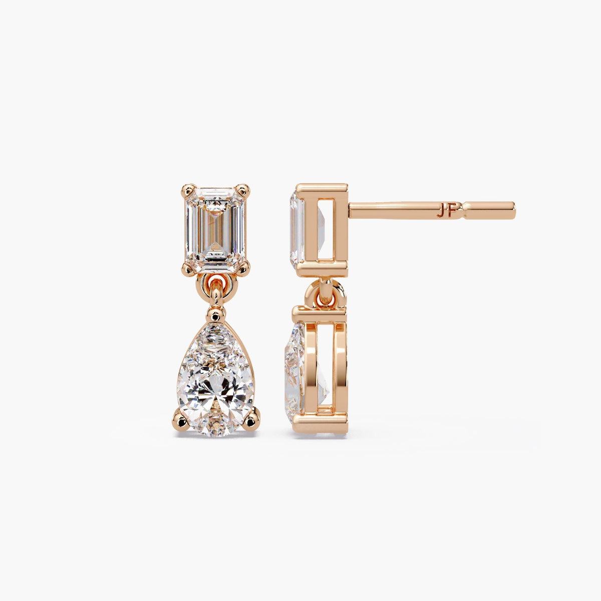 14K rose gold diamond dangle earrings with emerald cut top and pear shaped drop design