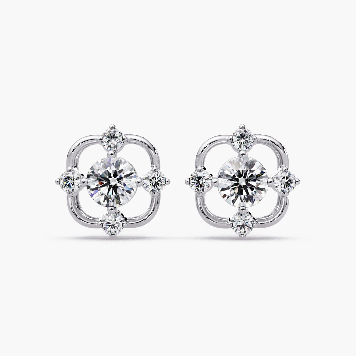 14k white gold cluster diamond studs round center floral layout