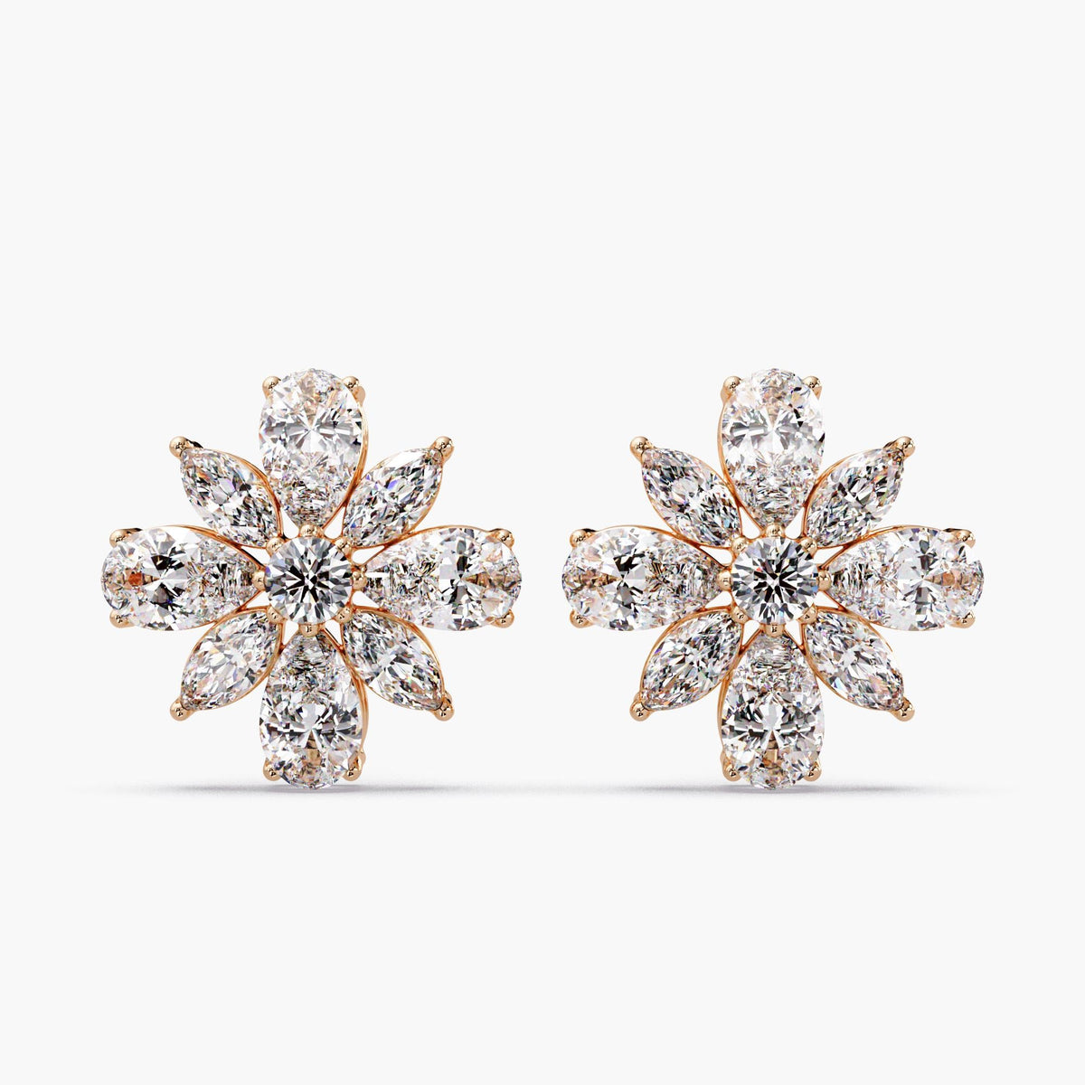 14K Rose gold floral cluster earrings, diamond flower earrings, petal diamond earrings, marquise floral studs, pear cluster earrings, diamond blossom studs, statement diamond studs, luxury diamond studs, bridal flower earrings, wedding stud earrings, elegant diamond studs, fine jewelry studs, sparkly diamond studs, modern floral earrings, designer diamond studs, bold diamond earrings, nature inspired earrings, premium diamond studs, high sparkle earrings, timeless diamond studs