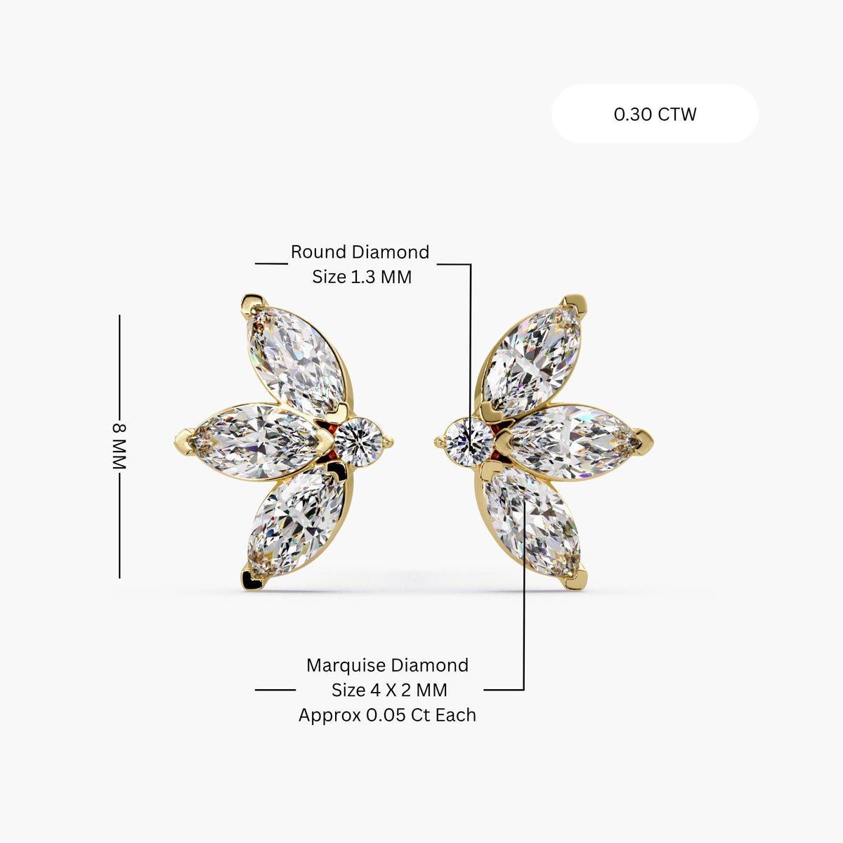 14k gold marquise diamond stud earrings side view / marquise cluster diamond studs angled view / floral diamond stud earrings gold prong setting / lab grown diamond flower studs close up / dainty gold diamond studs profile view