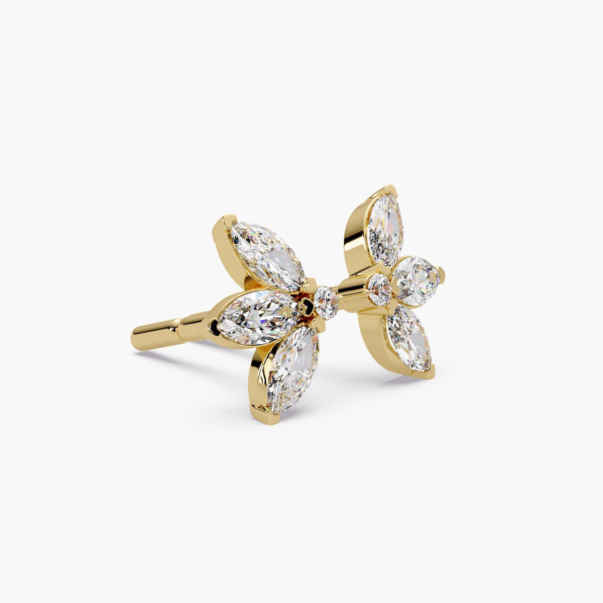 14k gold marquise diamond stud earrings side view / marquise cluster diamond studs angled view / floral diamond stud earrings gold prong setting / lab grown diamond flower studs close up / dainty gold diamond studs profile view