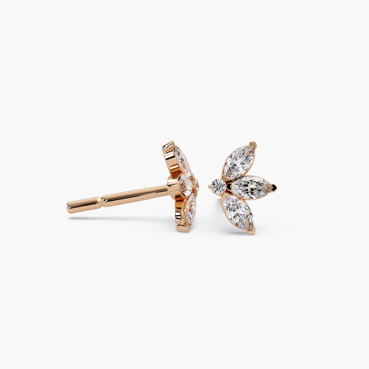 14k rose gold marquise diamond stud earrings side view / marquise cluster diamond studs profile / floral diamond stud earrings prong setting / lab grown diamond flower studs side angle / dainty rose gold diamond studs close up