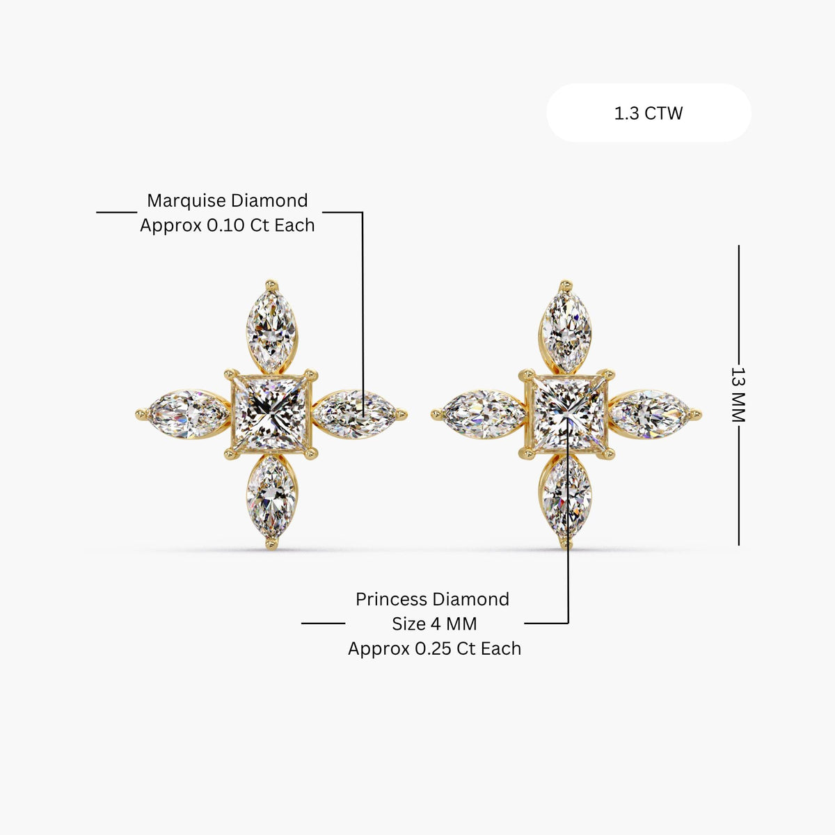 14k gold princess and marquise diamond stud earrings front and side view / marquise cluster diamond studs prong setting profile / floral diamond stud earrings 13mm statement size / lab grown diamond flower studs gold close up / statement diamond studs side view basket setting