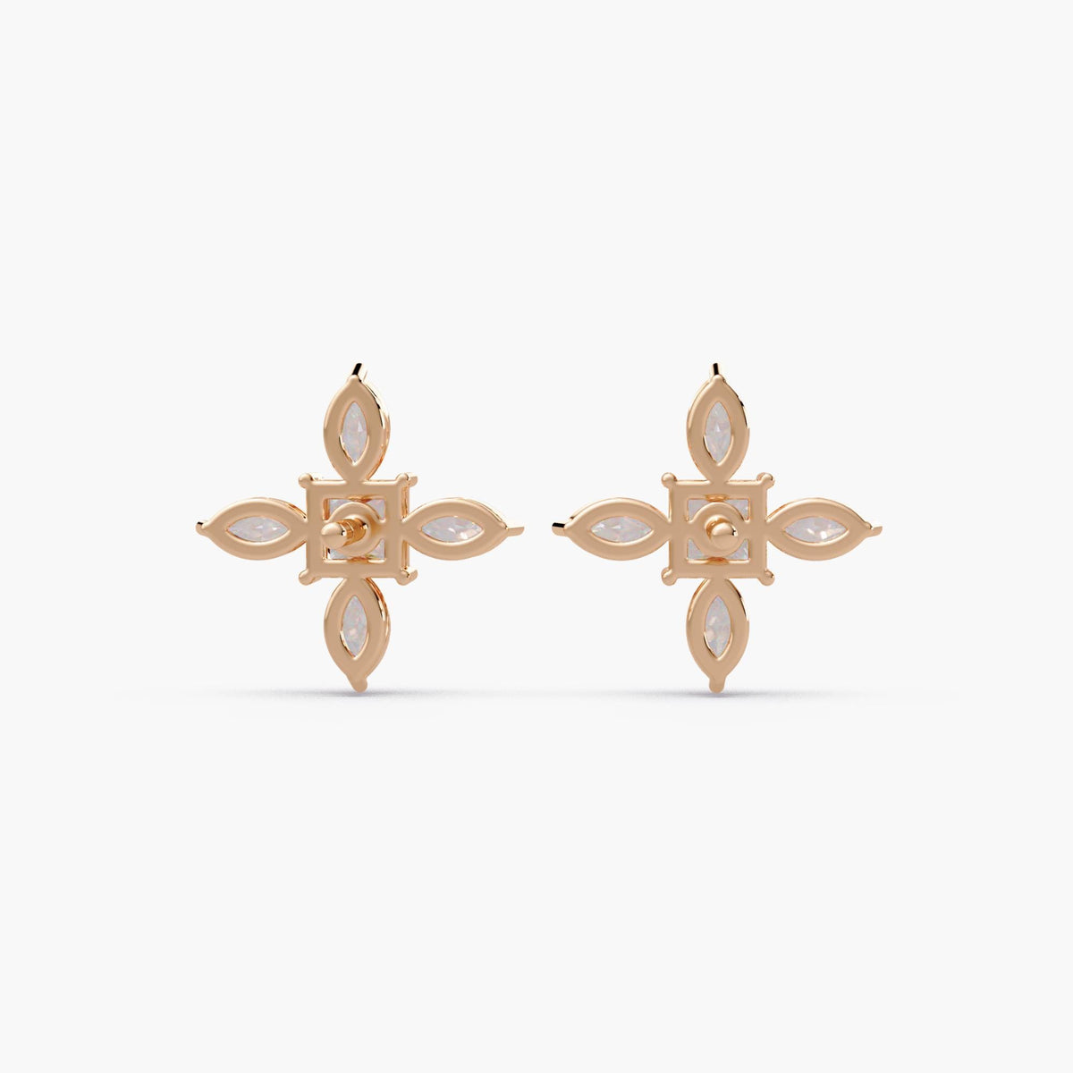 14k rose gold princess and marquise diamond stud earrings / marquise cluster diamond studs rose gold / floral diamond stud earrings statement size / lab grown diamond flower studs rose gold / large diamond studs princess center cluster