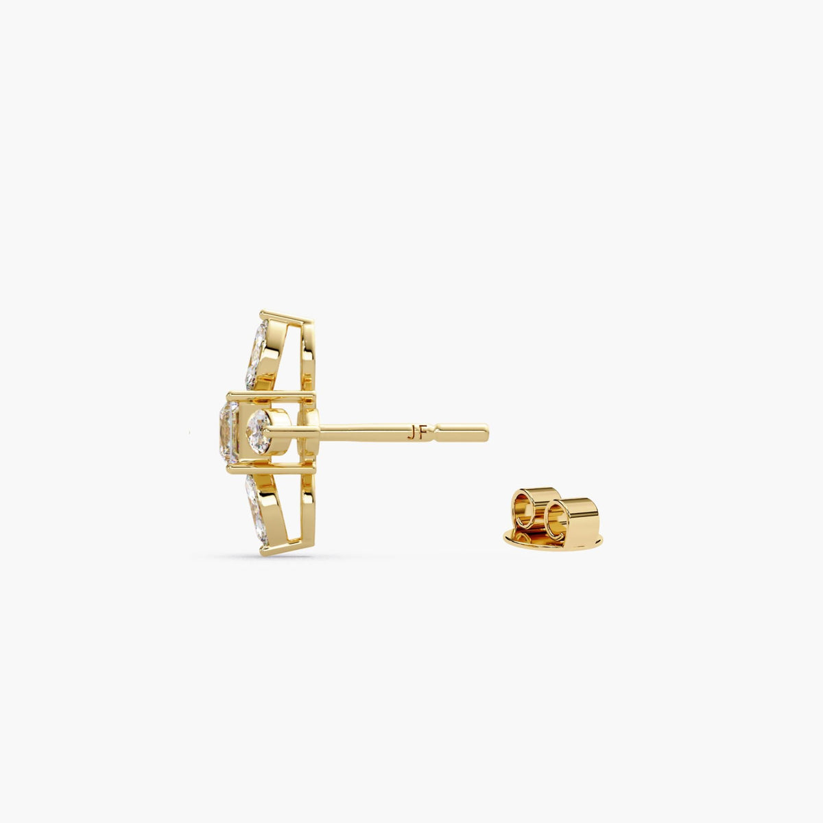 14k gold princess and marquise diamond stud earrings front and side view / marquise cluster diamond studs prong setting profile / floral diamond stud earrings 13mm statement size / lab grown diamond flower studs gold close up / statement diamond studs side view basket setting