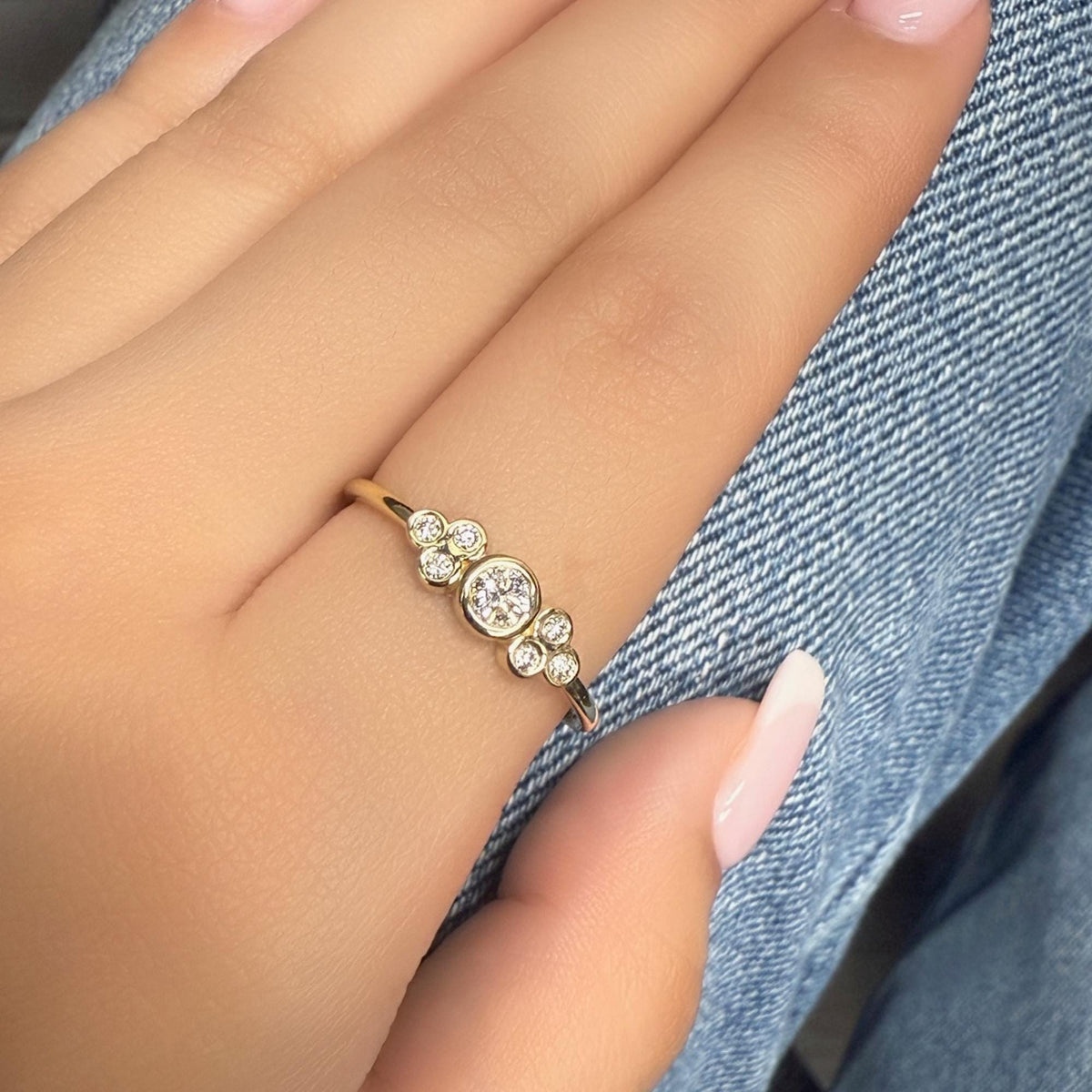 14K Gold Diamond Cluster Ring | Bezel Set Engagement Ring | Dainty Bubble Ring | Vintage Inspired Solid Gold Ring for Her