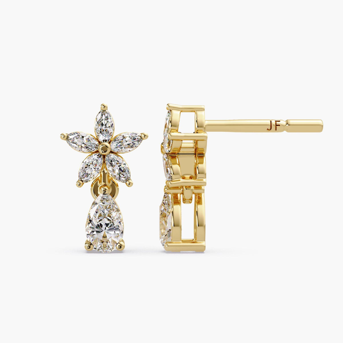 14k yellow gold and lab diamond flower earrings / floral diamond earrings / diamond drop earrings / cluster diamond earrings / pear drop earrings / gold drop earrings / diamond flower drop earrings / floral cluster drop earrings / pear diamond drop studs