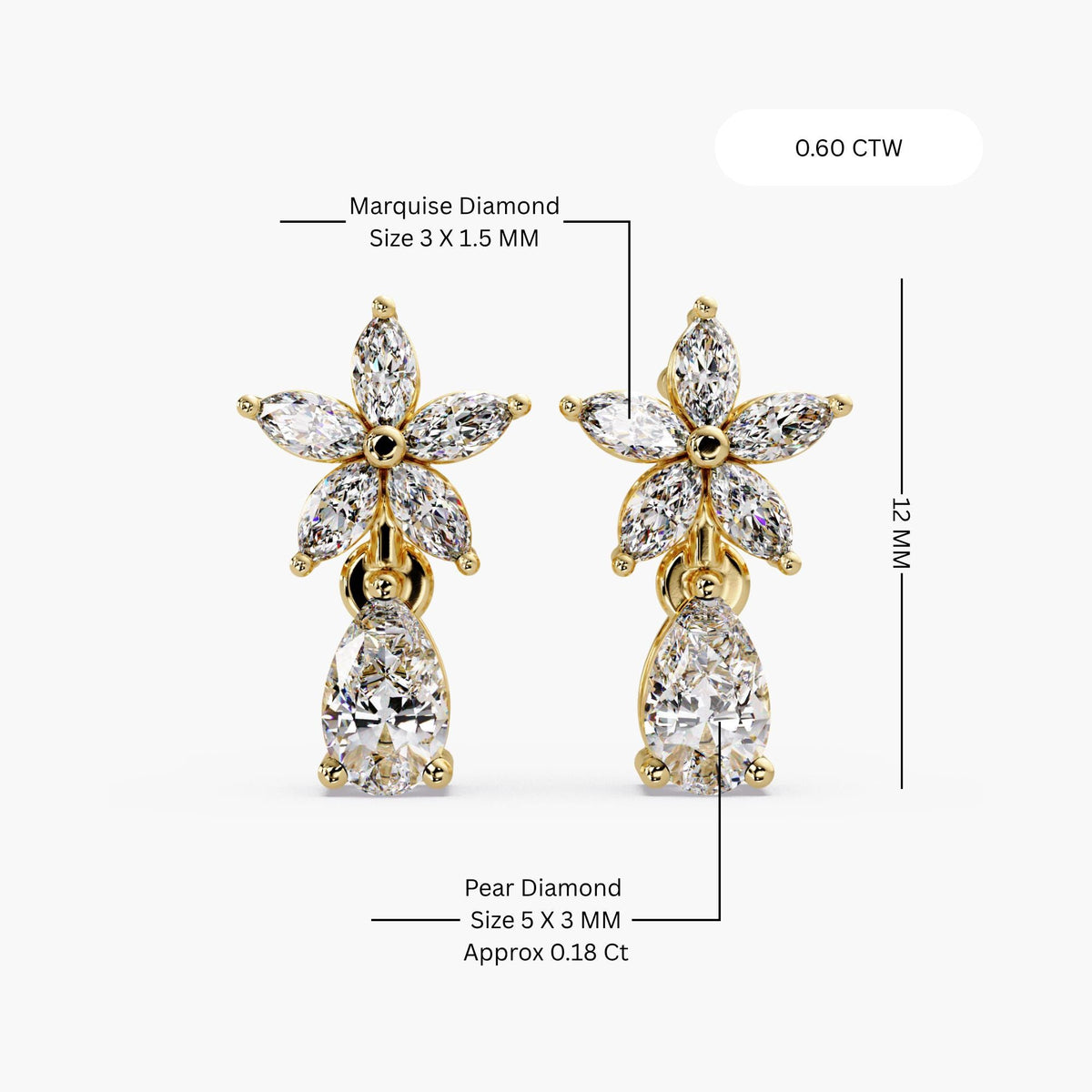 14k yellow gold and lab diamond flower earrings / floral diamond earrings / diamond drop earrings / cluster diamond earrings / pear drop earrings / gold drop earrings / diamond flower drop earrings / floral cluster drop earrings / pear diamond drop studs