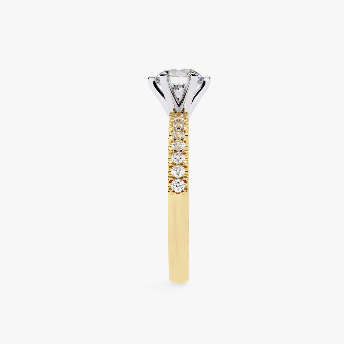 A gold ring with a large diamond set in the center, surrounded by smaller diamonds.