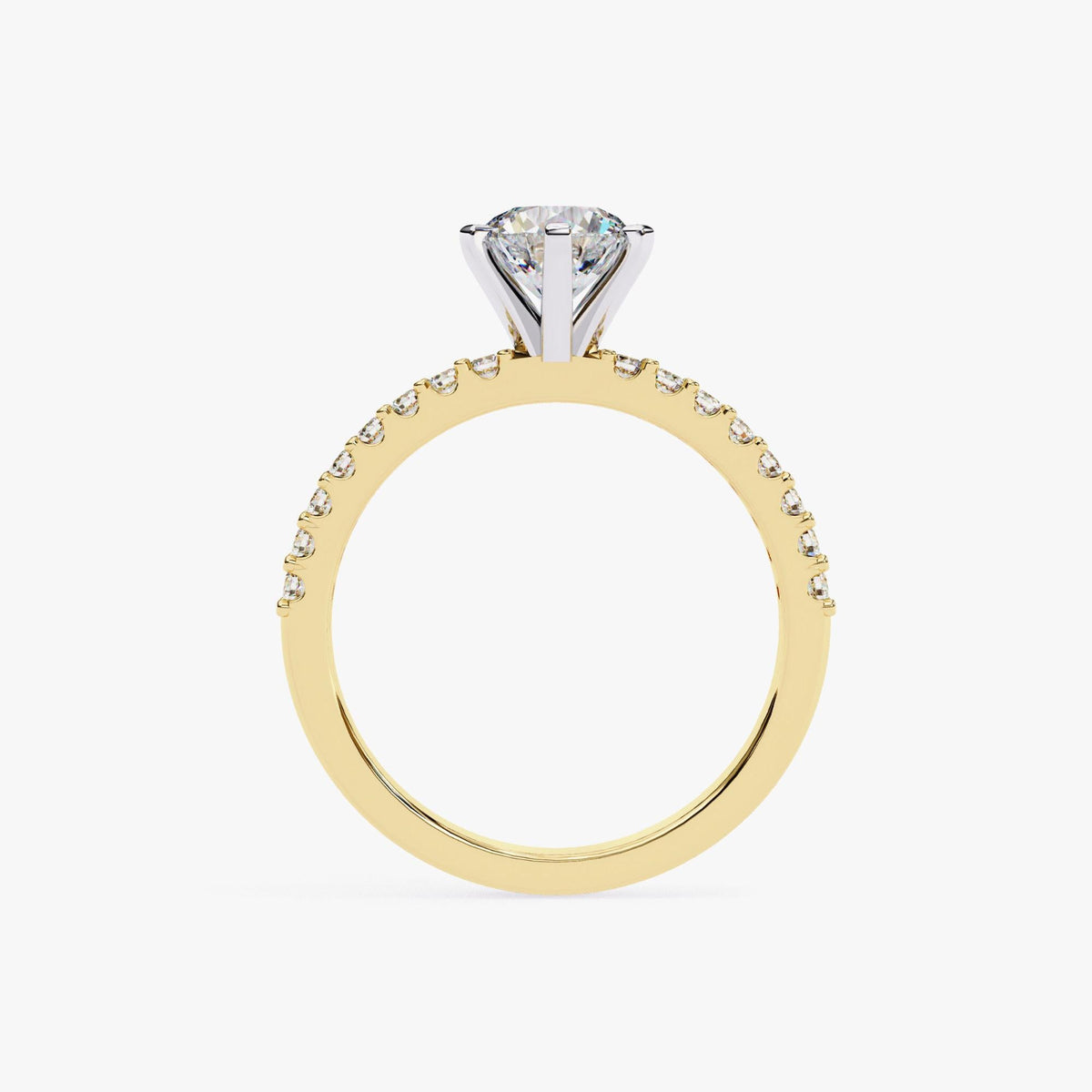 A gold engagement ring with a large diamond set in the center, surrounded by smaller diamonds along the band.
