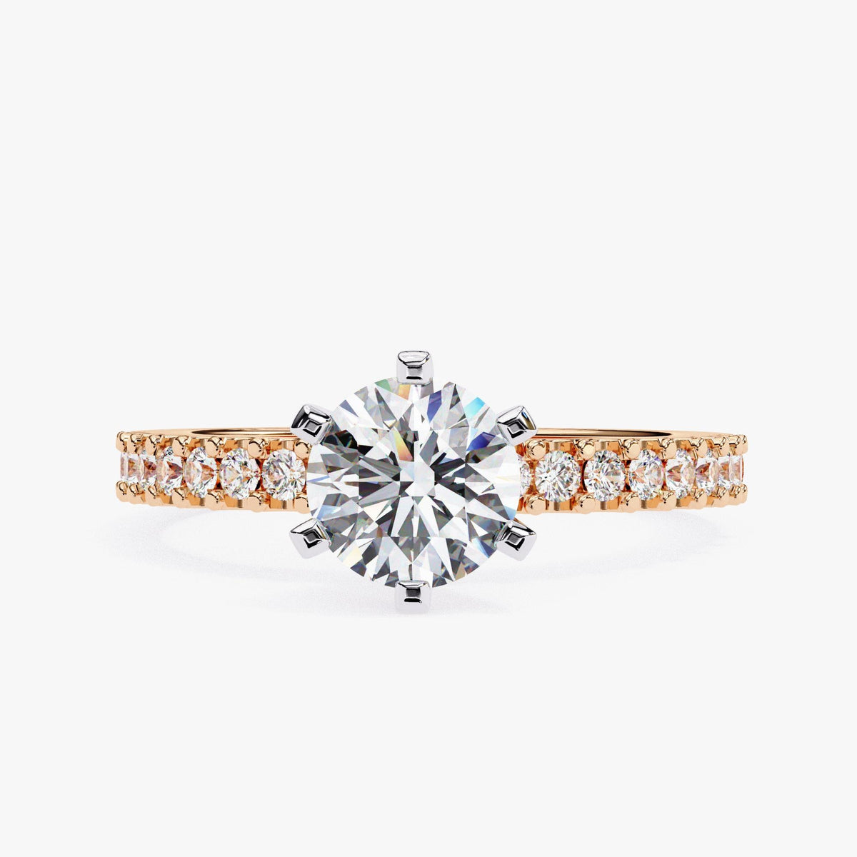 A diamond engagement ring with a large central diamond surrounded by smaller diamonds set in a gold band.