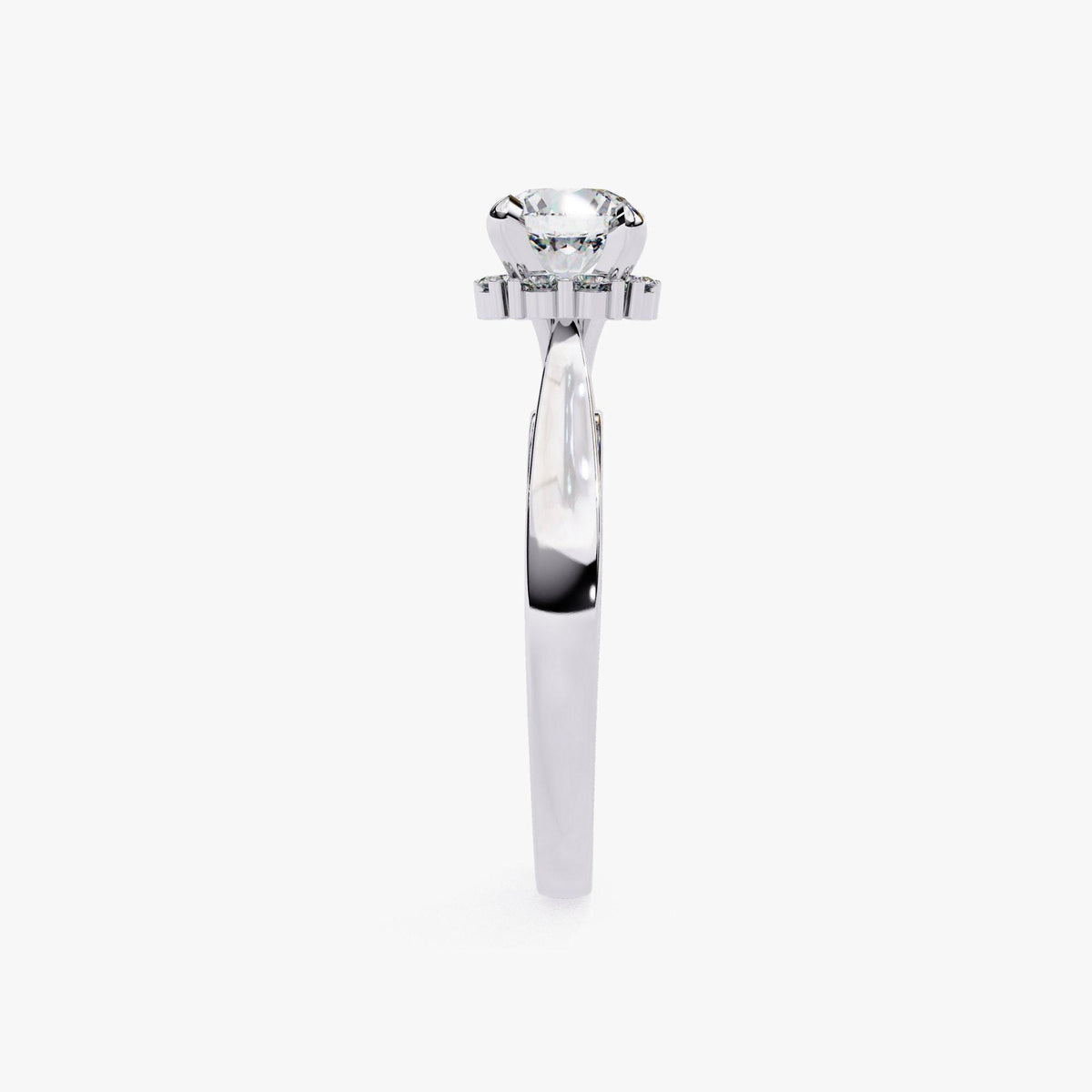 A silver engagement ring with a large central diamond surrounded by smaller diamonds on the sides.