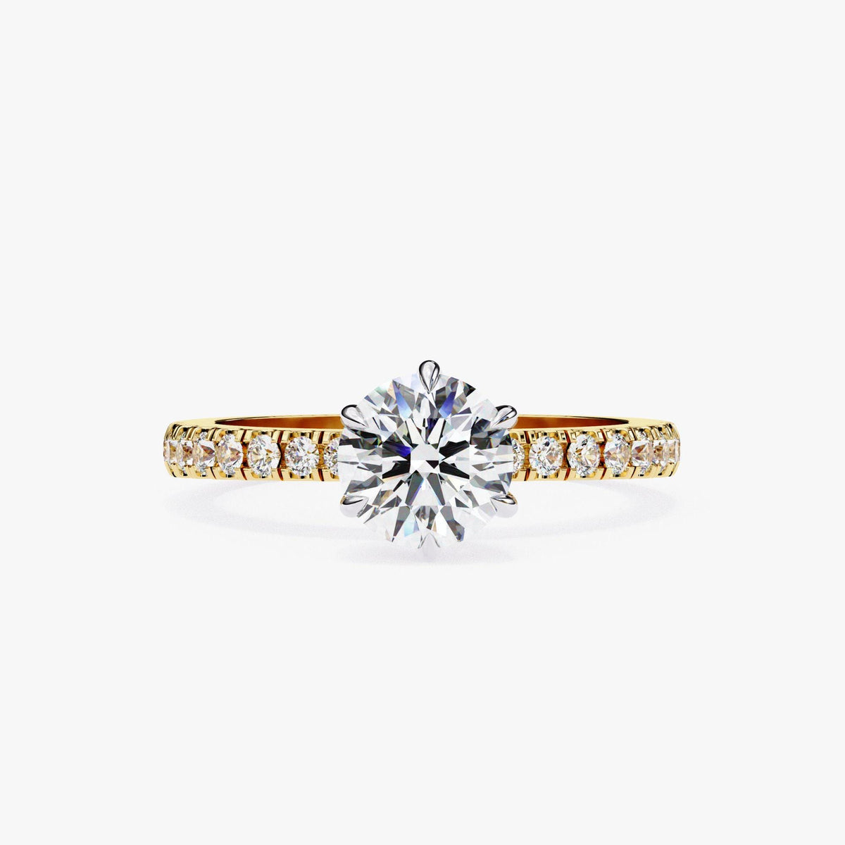 A diamond engagement ring with a large central diamond surrounded by smaller diamonds set in a gold band.