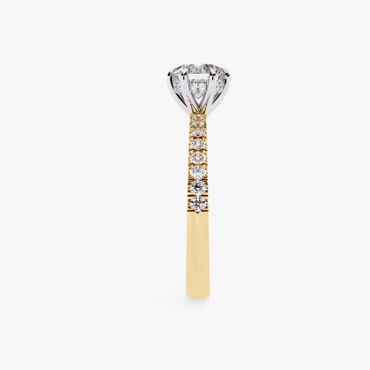 A diamond engagement ring with a large central diamond surrounded by smaller diamonds set in a gold band.