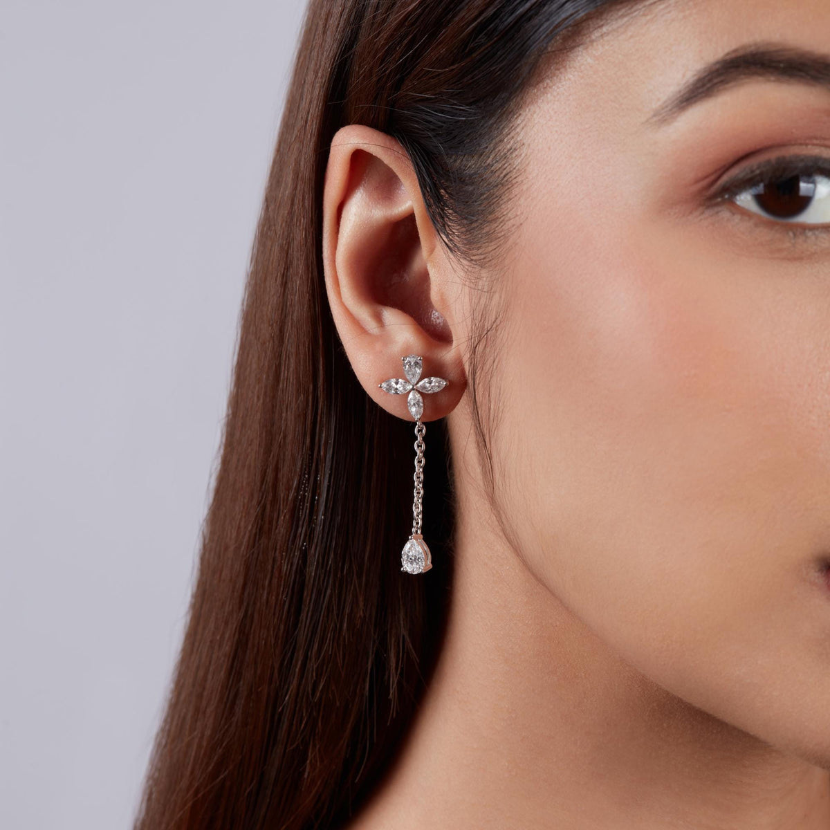 14K Gold Marquise Diamond Flower Studs with Dangling Chain | Lab Grown Diamond Teardrop Drop Earrings