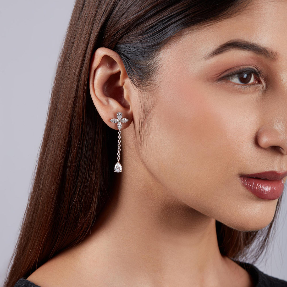 14K Gold Marquise Diamond Flower Studs with Dangling Chain | Lab Grown Diamond Teardrop Drop Earrings