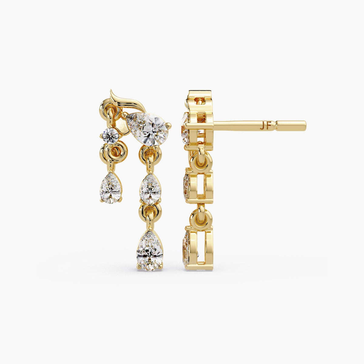 Pear diamond chandelier earrings in solid 14K gold, delicate multi drop design with round and pear lab diamonds