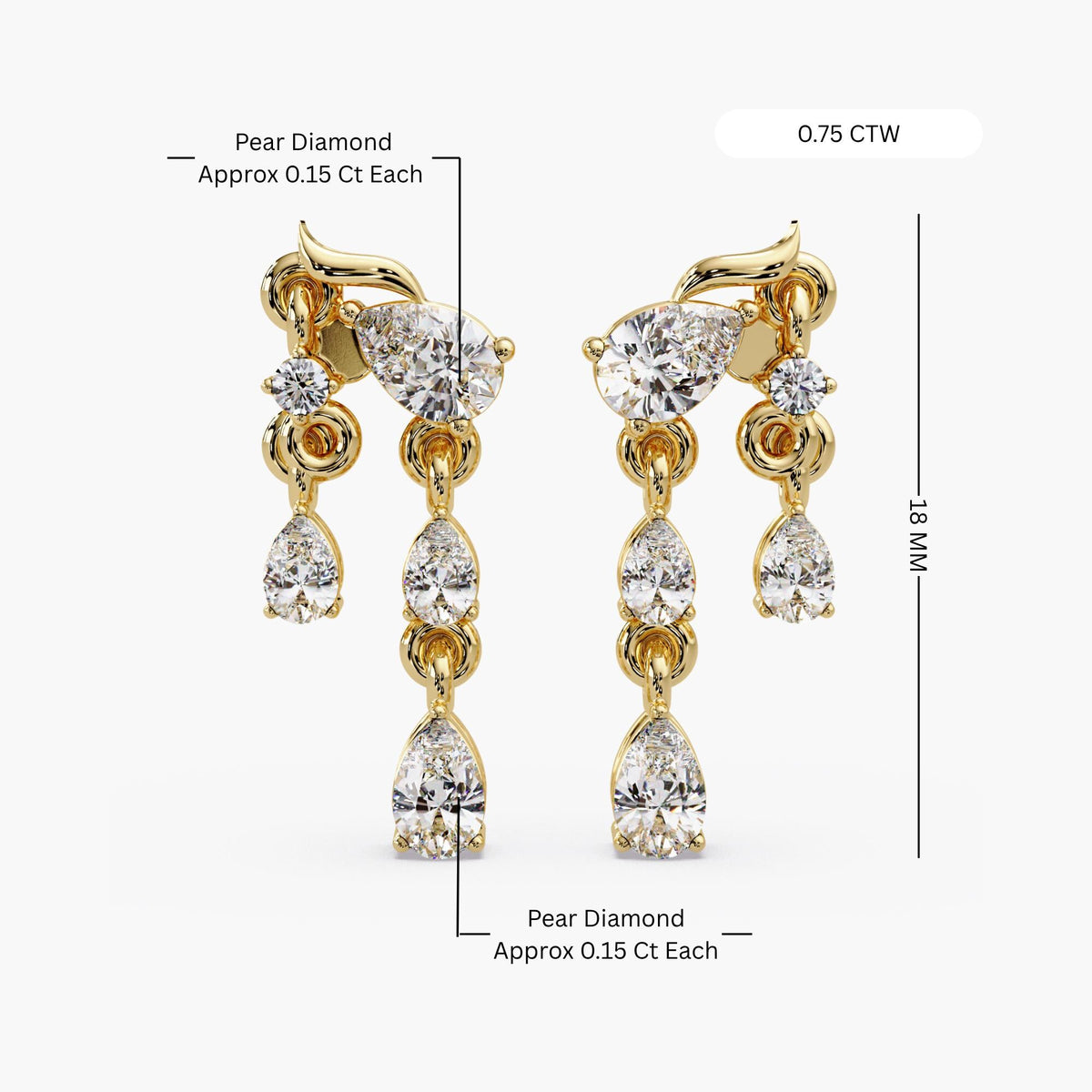14K gold diamond drop earrings with pear shaped chandelier design, luxury lab grown diamond dangle earrings for women