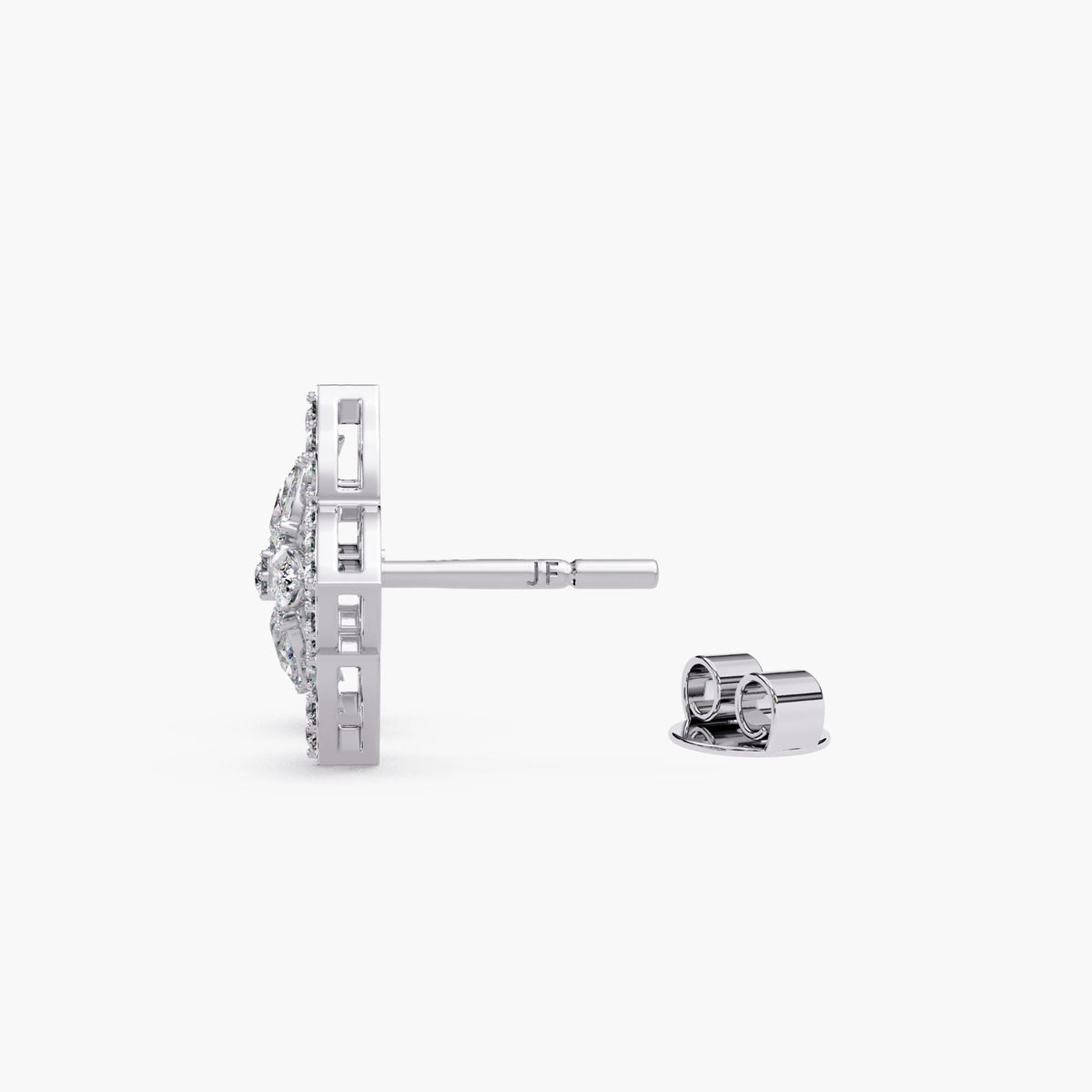 14K white gold lab diamond cluster stud earrings, floral clover design with halo setting
