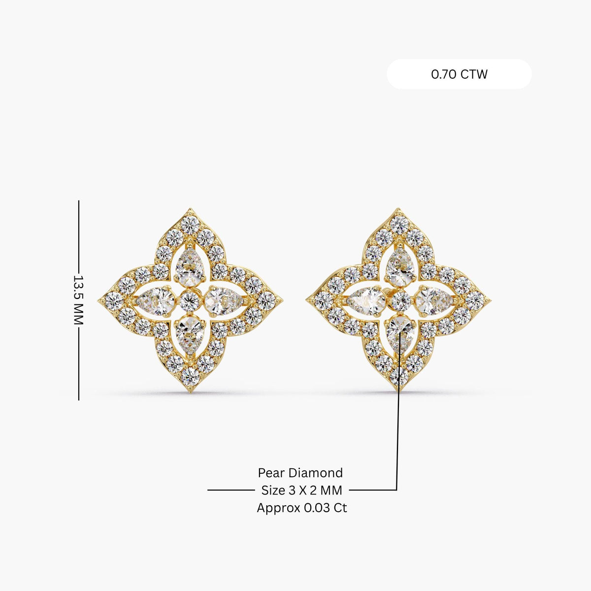 Pear and round lab diamond flower earrings in solid 14K gold, cluster clover stud design