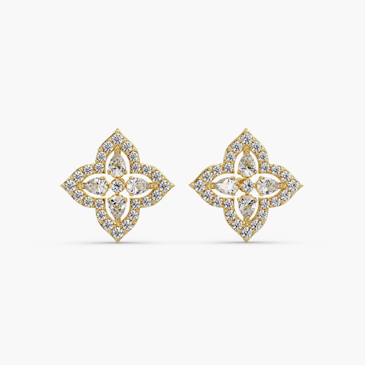 14K gold lab diamond flower stud earrings with pear and round cluster diamonds, clover halo design