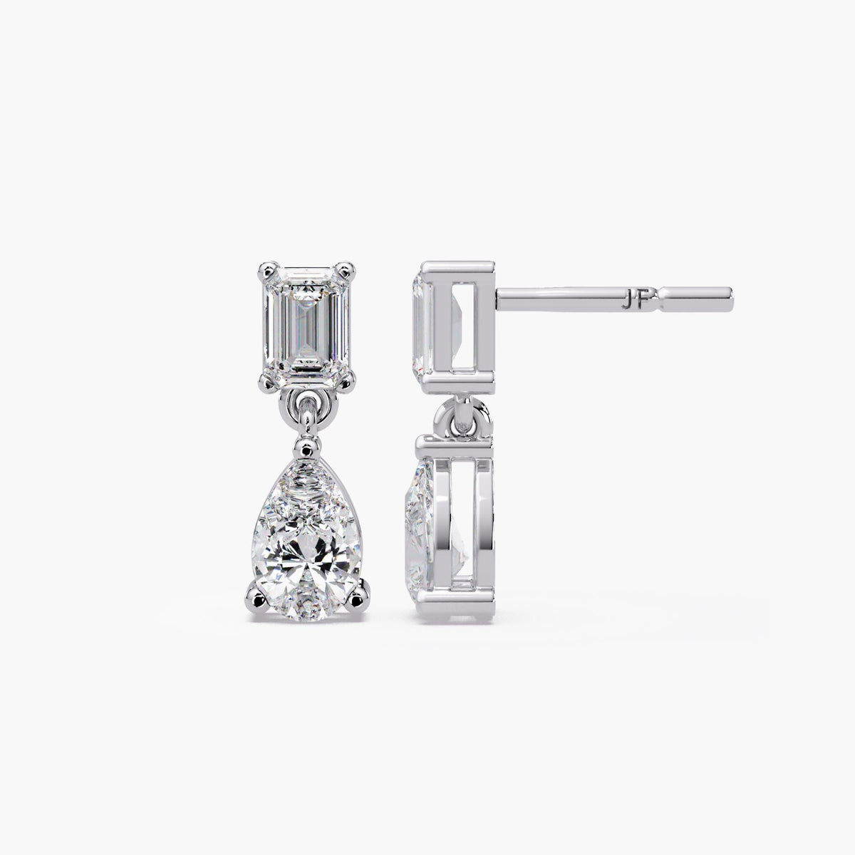 14K white gold diamond dangle earrings with emerald cut top and pear shaped drop design