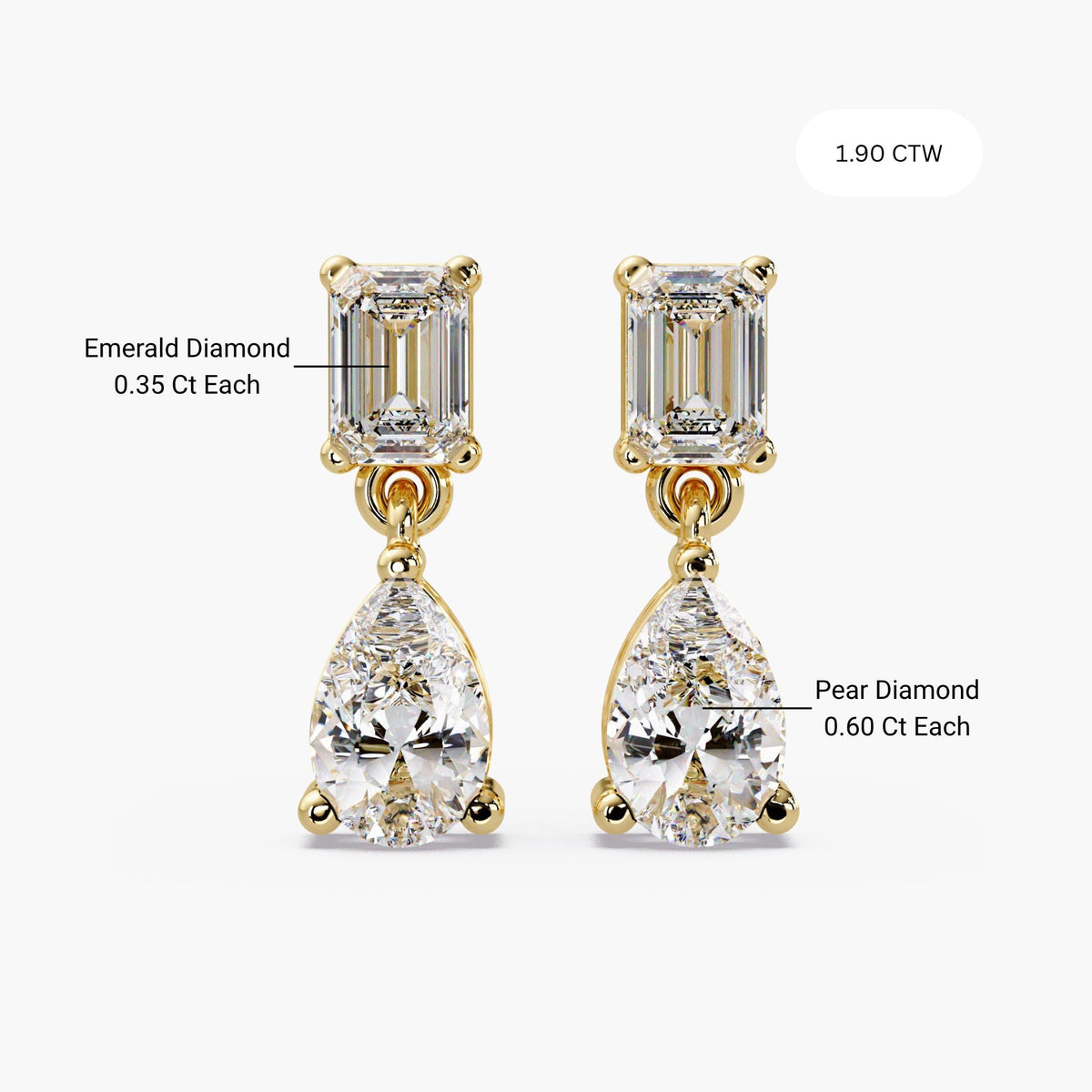 Lab grown diamond drop earrings featuring emerald cut studs and pear diamond dangles