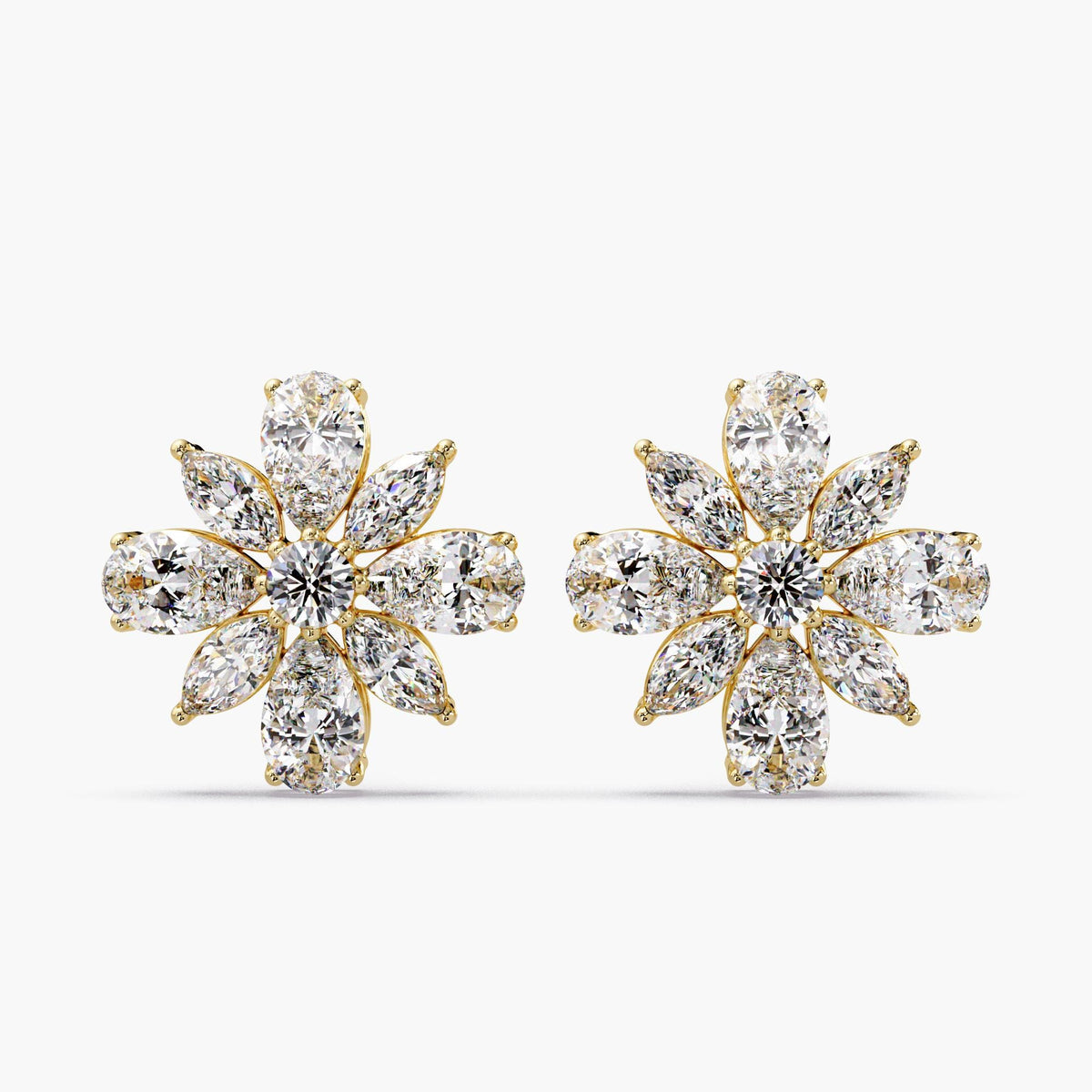 14K yellow gold floral cluster earrings, diamond flower earrings, petal diamond earrings, marquise floral studs, pear cluster earrings, diamond blossom studs, statement diamond studs, luxury diamond studs, bridal flower earrings, wedding stud earrings, elegant diamond studs, fine jewelry studs, sparkly diamond studs, modern floral earrings, designer diamond studs, bold diamond earrings, nature inspired earrings, premium diamond studs, high sparkle earrings, timeless diamond studs
