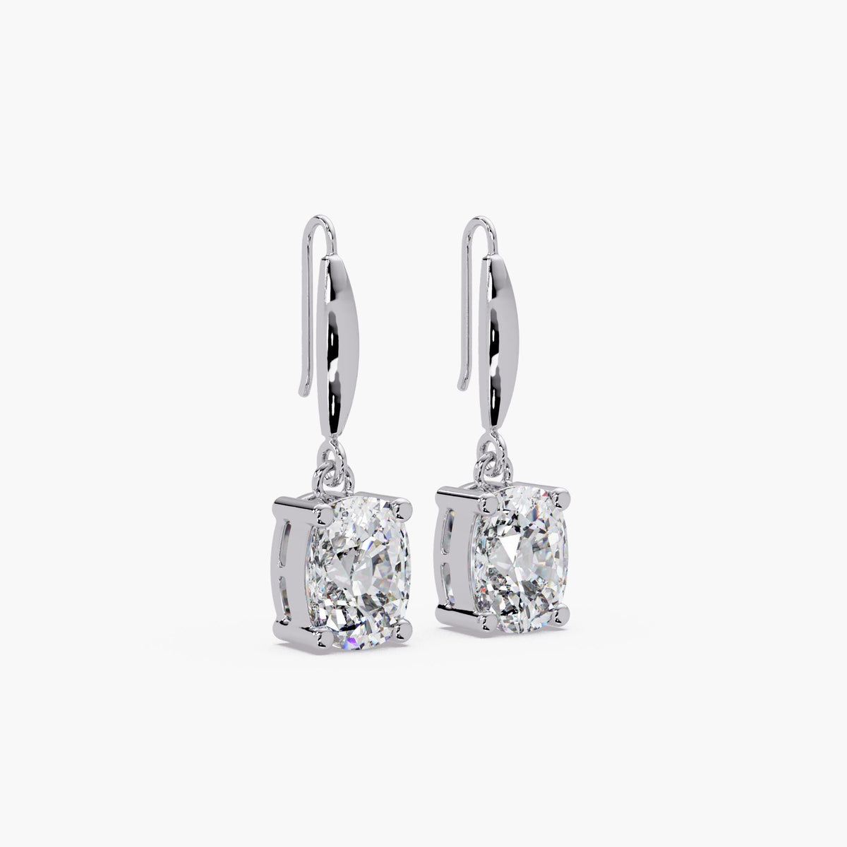 IGI certified cushion diamonds / cushion cut drop earrings / 2 carat diamond earrings / statement solitaire earrings / diamond hook earrings